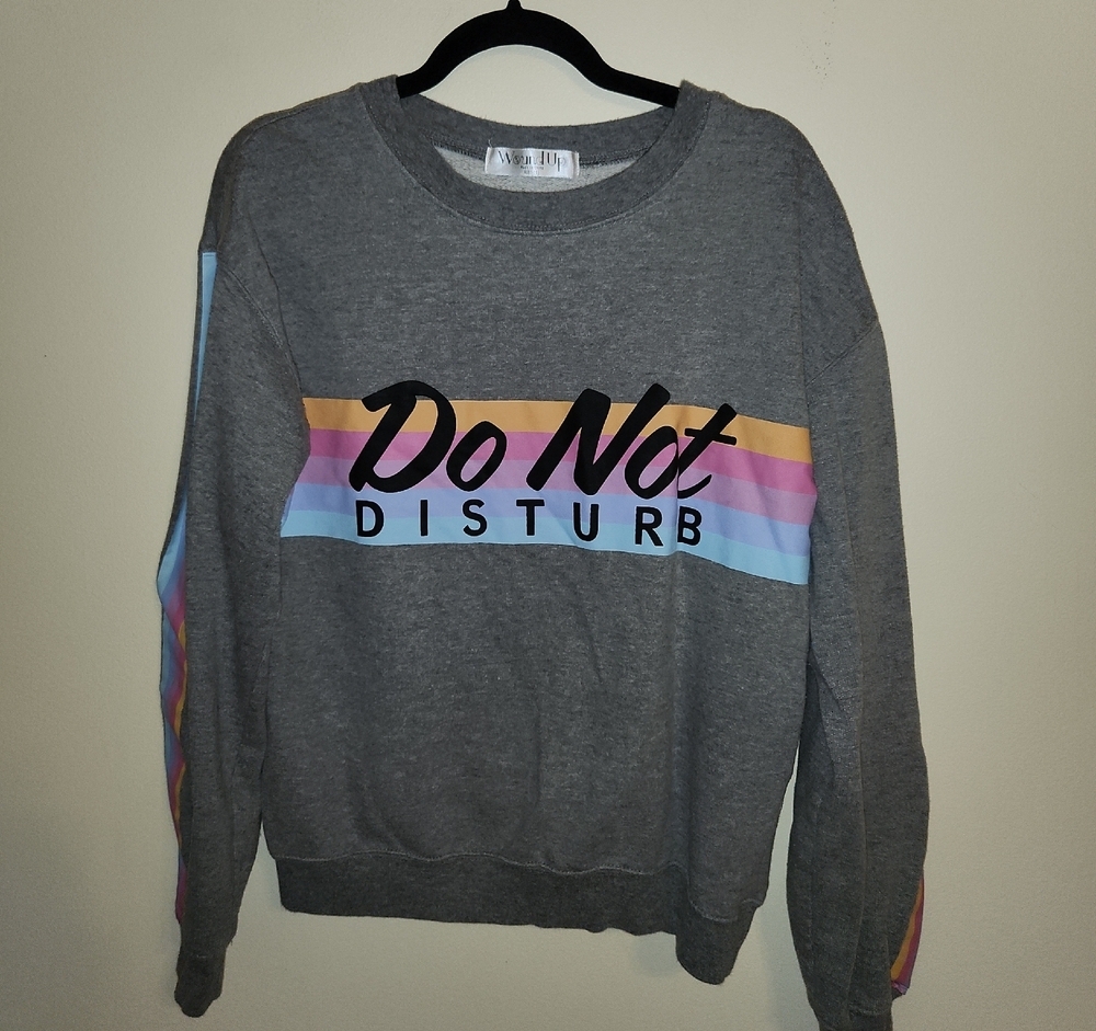 Wound Up Gray Crewneck Sweater with Colorful Stripes